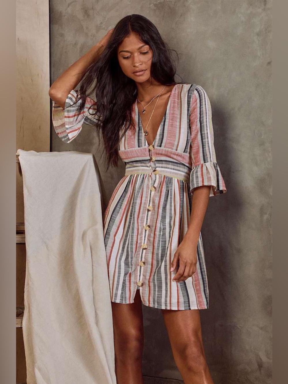 Lulus Cabana in Cabo Cream Multi Striped Button-Front Dress Size XS